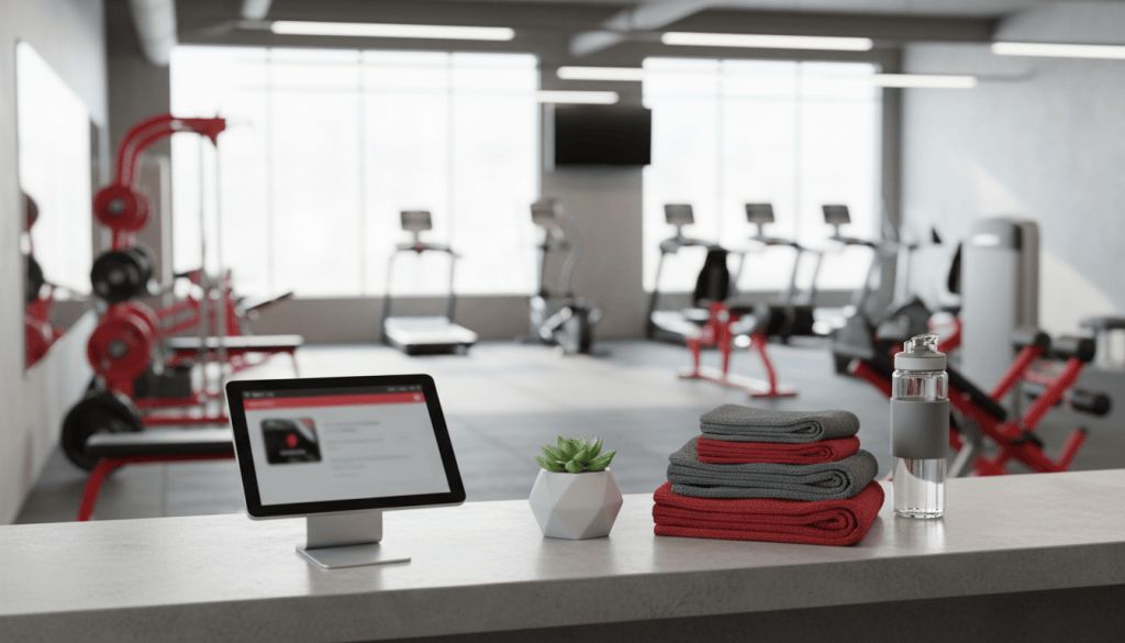Gym front desk with a check-in tablet, folded towels and a potted plant, workout floor behind