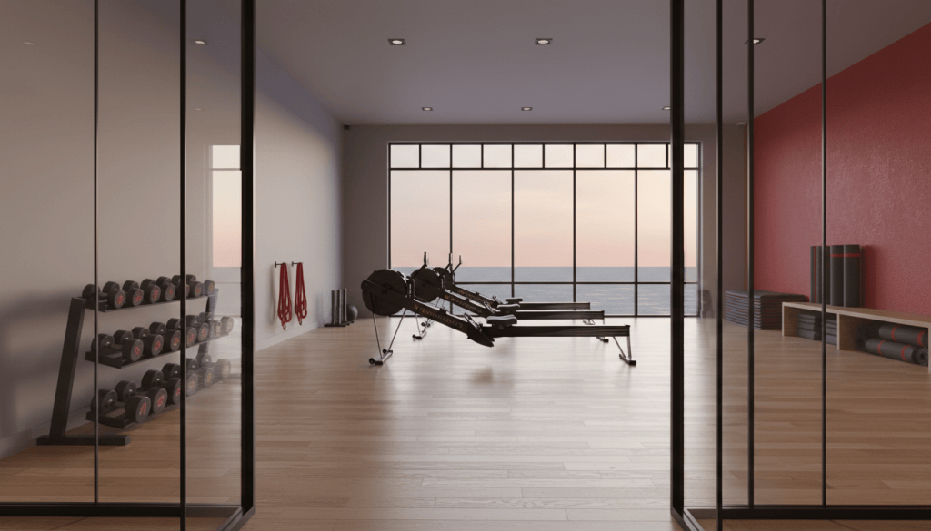 Empty neighborhood fitness studio at dawn with racked dumbbells, rowing machines and large windows