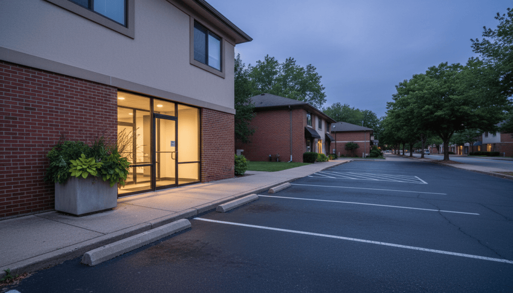 Entrance of a small brick office building with a lit glass door and an empty parking lot at early evening